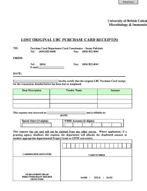 Fillable Online microbiology ubc P-Card Lost Receipt Form ...