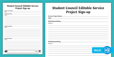 Editable Student Council Service Project Sign-up Sheet