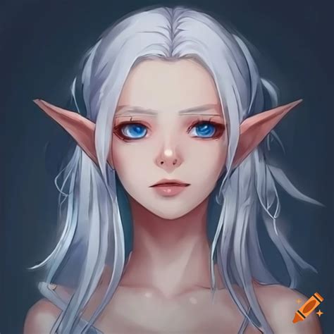Anime elf girl with white hair and blue eyes, gold decoration on Craiyon
