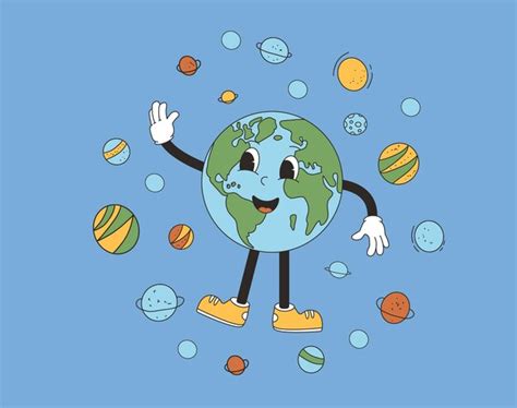Personagem de desenho animado da Terra agitando a mão em estilo retro ...