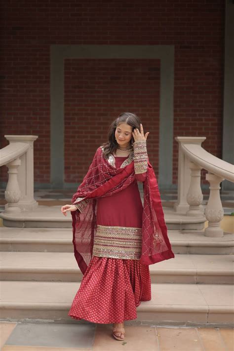 Maroon Premium Designer Readymade Top-Sharara-Dupatta Collec
