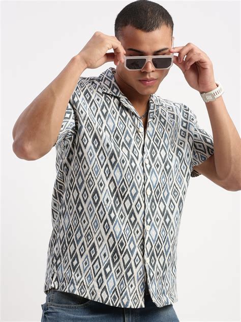 SHOWOFF Men's Short Sleeves Cuban Collar Geometric Teal Shirt