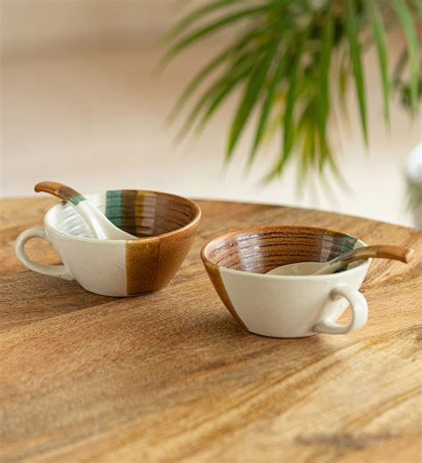 Buy Zen Garden Hand Glazed Ceramic Handled 2 Pcs Soup Bowls With Spoons ...