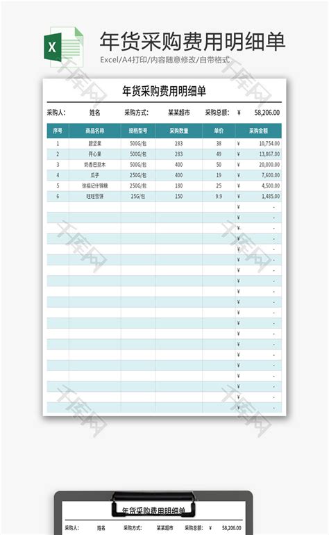 年货采购费用明细单Excel模板_千库网(excelID：133468)