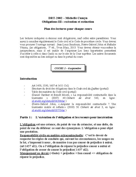 Cours obligation 3 word - DRT-2002 – Michelle Cumyn Obligations III : exécution et extinction ...