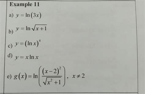 Example 11a) y=ln(3x)b) y=lnx+1 c) y=(lnx)4d) y=xlnxe) g(x)=ln(x2+1