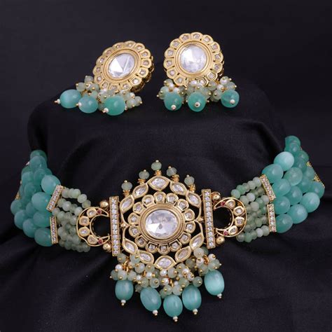 Sukkhi Green Gold Plated Kundan & Pearl Choker Necklace Set For Women ...