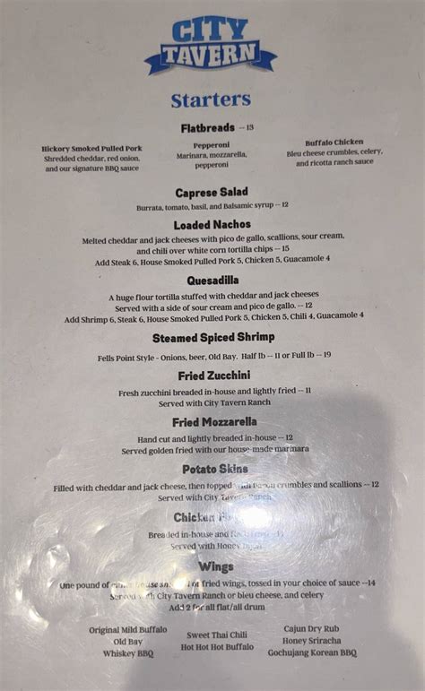Menu at City Tavern restaurant, Manassas, Center St
