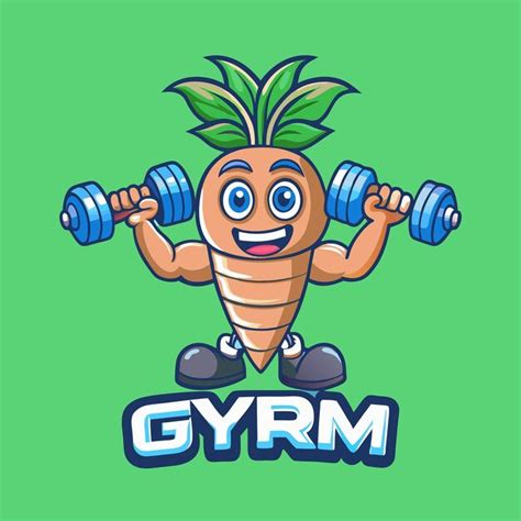 Cartoon character mascot carrot in gym workout gear with dumbbells ...