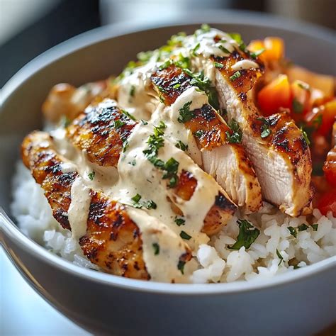 Chicken & Rice Bowls with Creamy Garlic Sauce