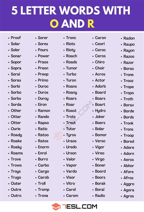 5 Letter Words with O and R (1200+ Words in English) • 7ESL