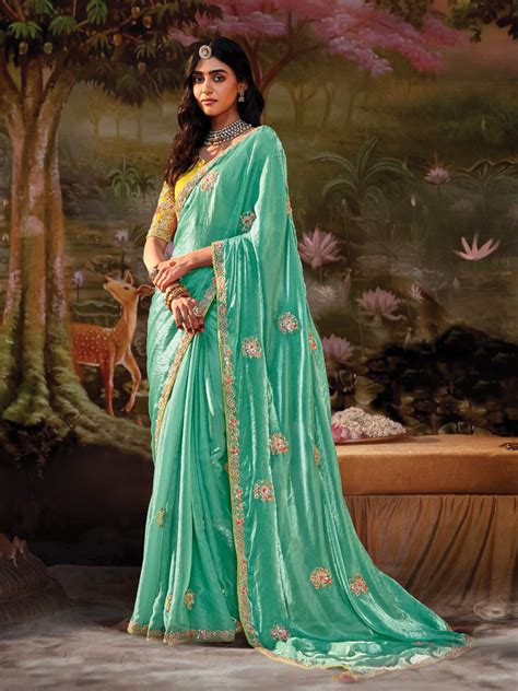 Aqua Bloom Embroidered Silk Saree – Suvidha Fashion
