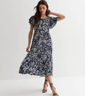 Blue Vanilla Navy Floral Ruffle Sleeve Tiered Midi Dress | New Look