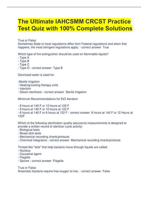 The Ultimate IAHCSMM CRCST Practice Test Quiz with 100% Complete ...