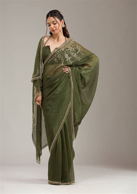 Buy Mehendi Stonework (Gold) Tissue Saree - Koskii