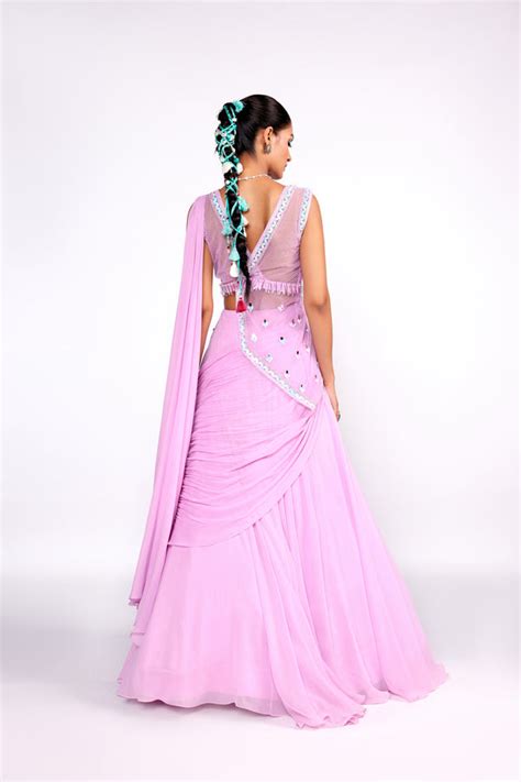 Isha Gupta Tayal - Lilac Embroidered Drape Saree Set - Elahe