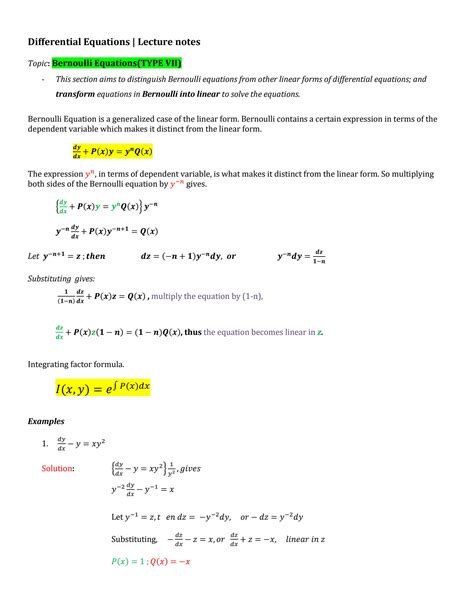 SOLUTION: Bernoullis equation differential equations - Studypool