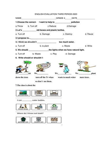 Evaluación de ingles sobre cuidado del medio ambiente para niños de 4 ...