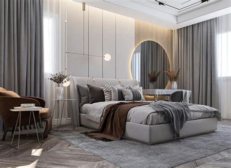 Premium Photo | A bedroom with a large mirror and a bed with a grey ...