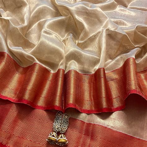 Gold & red maheshwari tissue silk saree with zari border – Roots Handloom