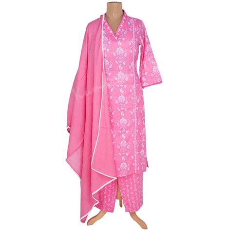 Rose Pink Printed Readymade Salwar Suit With Checked Dupatta – Kumaran ...