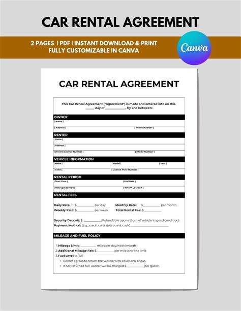 Car Rental Agreement Form, Vehicle Lease Contract, Car Lease Agreement, Auto Rental Contract ...
