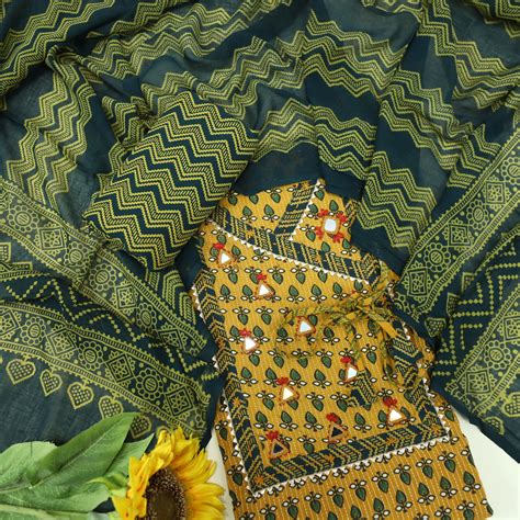 Ruhani Dijon Yellolw Angrakha Style with Mirror Work Cotton Suit Set ...