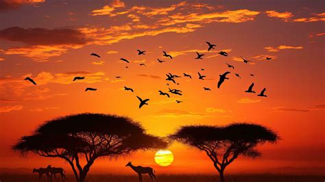Giraffe and birds silhouettes against Serengeti Park sunset 27381732 Stock Photo at Vecteezy