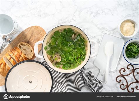 Flat Lay Cooking Vegetarian White Bean Soup Cast Iron Dutch Stock Photo ...