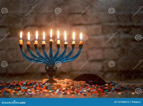 The Lit of Hanukkah Candles in Menorah Stock Photo - Image of hebrew ...