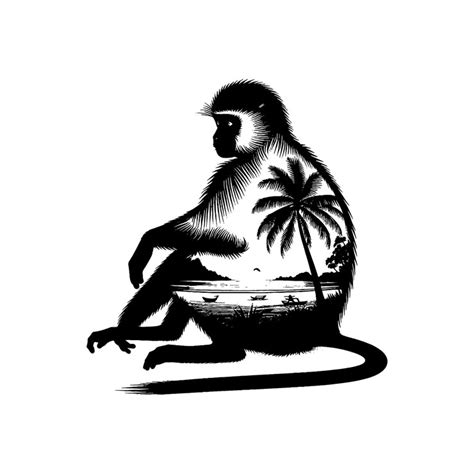 Silhouette of colobus monkey filled with ocean beach view with palm ...