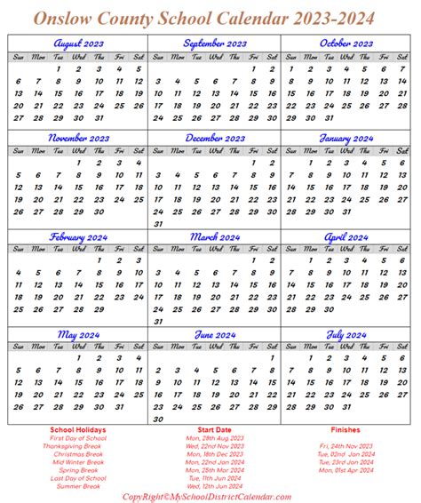Onslow County School Calendar 2023-2024 With Holidays