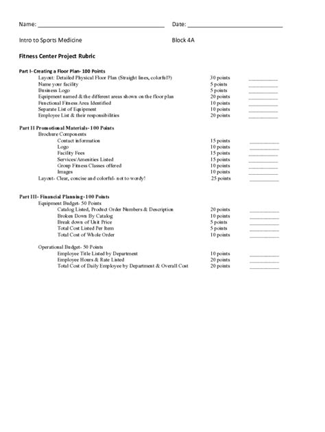 Fitness Center Project Rubric - Blank Fillable Template | Fill Out ...