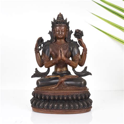Handcrafted Copper Statue of Buddhist Deity Chenrezig for Prayer Room