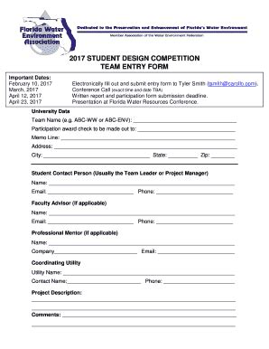 Fillable Online 2017 STUDENT DESIGN COMPETITION TEAM ENTRY FORM Fax ...