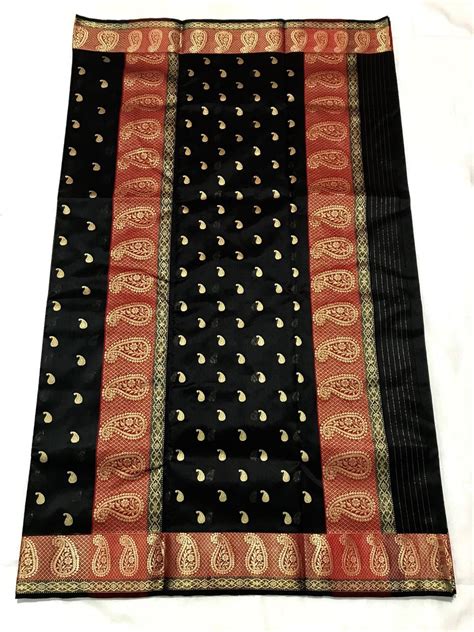 Black with Golden Mango Designed Zari Border Chanderi Silk Saree ...