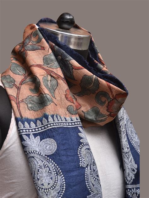 Light Peach and Blue Kalamkari Hand Painted Tussar Handloom Stole with ...