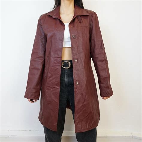 Vintage Burgundy Leather Coat Size M 90s Leather Coat Jacket Red ...