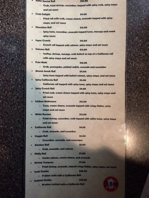 Menu at Sumo Japanese Restaurant, Longview
