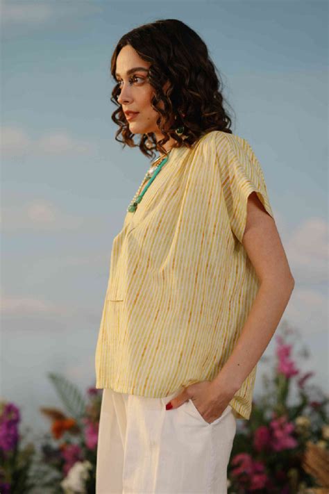 V neck top with gathers - handwoven muslin cotton - yellow stripes ...