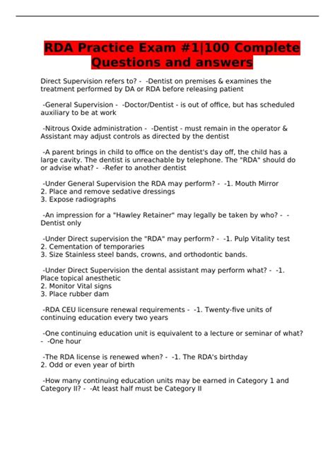 RDA Practice Exam #1|100 Complete Questions and answers - RDA - Stuvia US