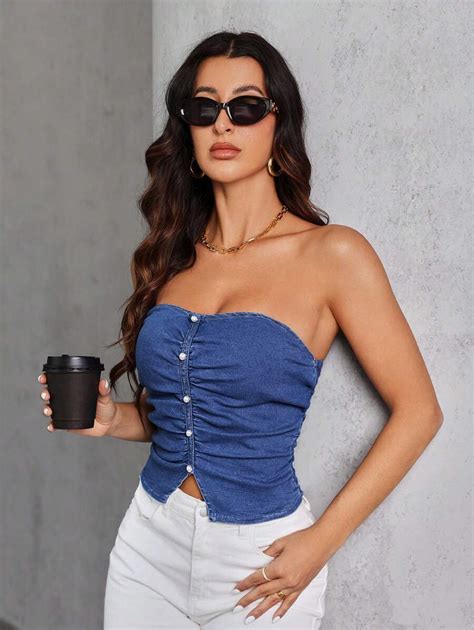 SHEIN Essnce Women's Summer Ruched Faux Pearl Decor Slit Hem Cropped ...