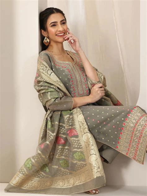 Buy Grey Woven Design Chanderi Silk Straight Suit Set With Dupatta ...