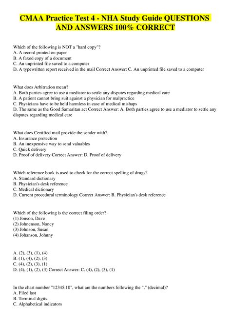 CMAA Practice Test 4 - NHA Study Guide QUESTIONS AND ANSWERS 100% ...
