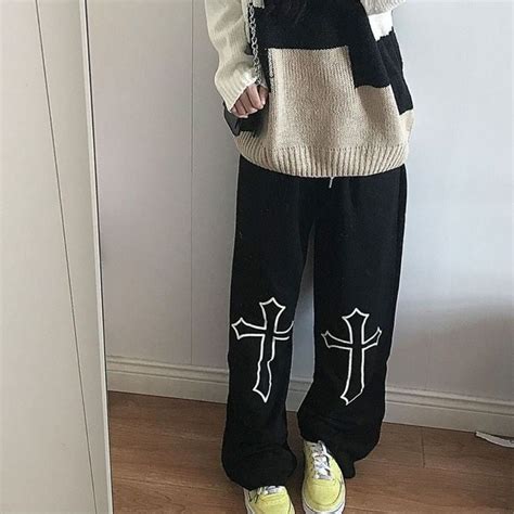 Aesthetic Y2k Harajuku Wide Leg Straight Fit Cross Printed Baggy Black ...