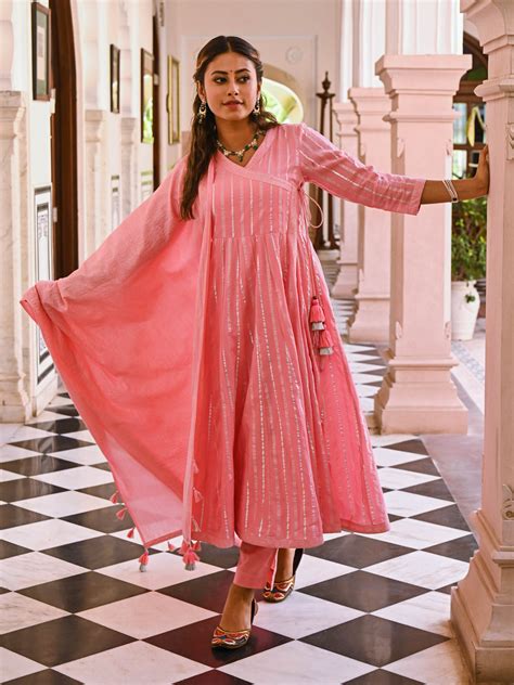 Pink Cotton Lurex Angrakha Kurta With Dupatta – Savi India