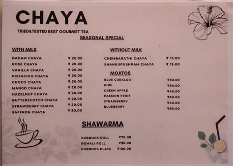 Menu at CHAYA, Purakkad