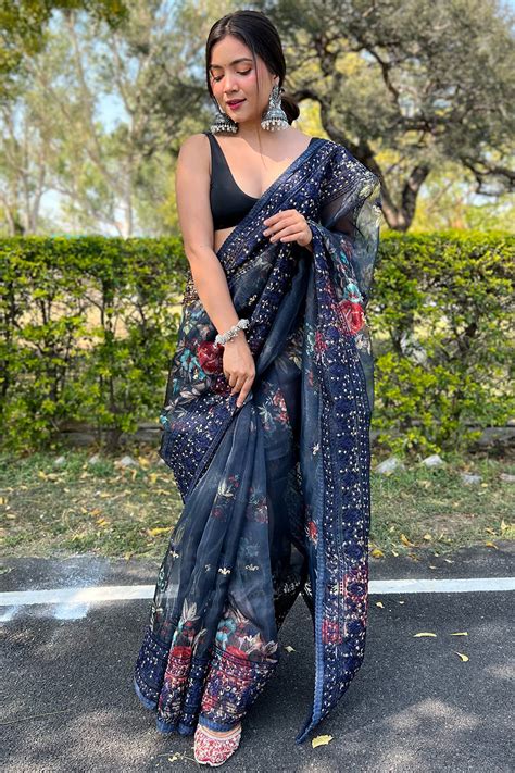 Buy Navy Blue Organza Saree 11739 Online | Karagiri