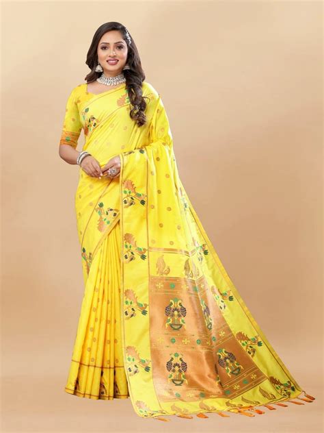 Soft Paithani Silk Saree with Gold Zari Motifs, Rich Pallu & Meenakari ...
