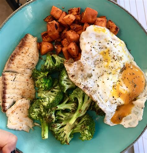 Tilapia, sweet potato, roasted broccoli, and egg- 310 calorie dinner ...